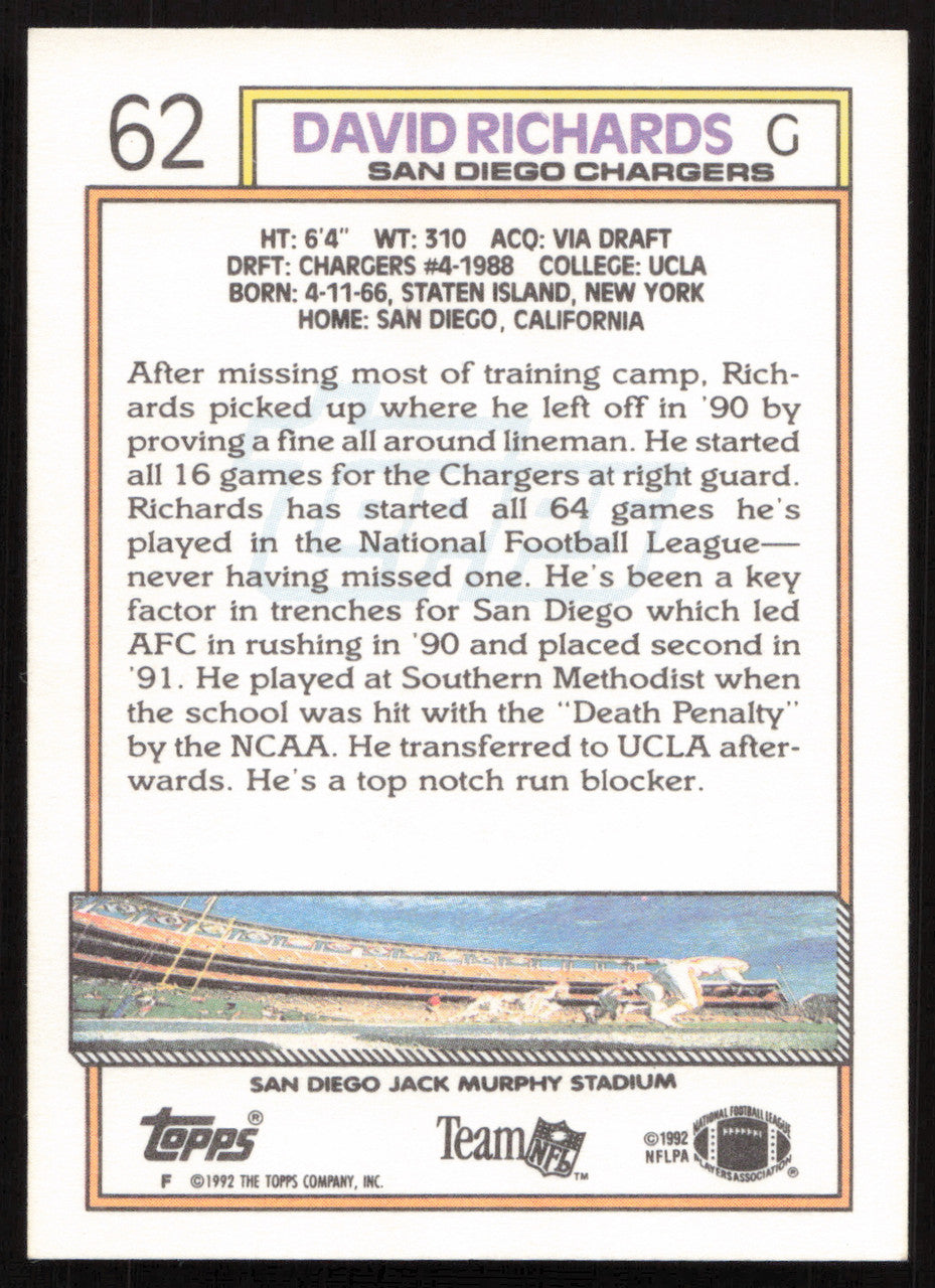 David Richards Autographed 1992 Topps Card #62 San Diego Chargers SKU #259353