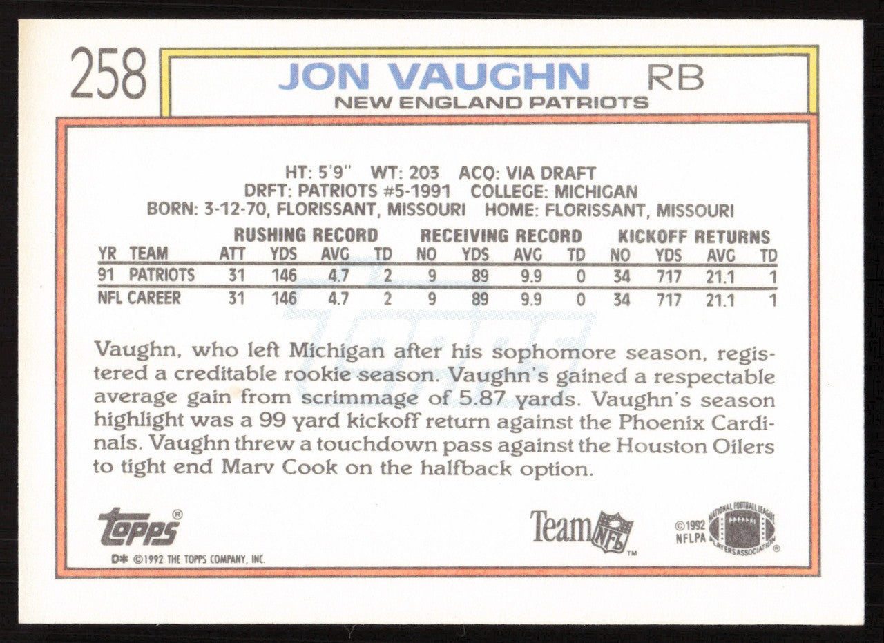 Jon Vaughn Autographed 1992 Topps Card #258 New England Patriots SKU #259355