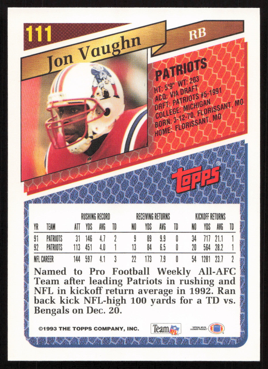 Jon Vaughn Autographed 1993 Topps Card #111 New England Patriots SKU #259357