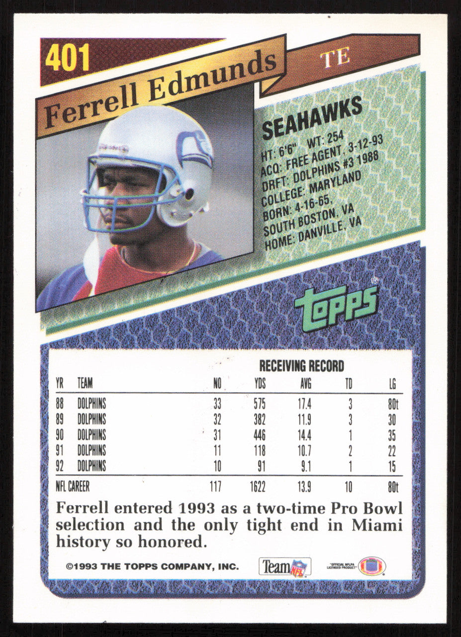 Ferrell Edmunds Autographed 1993 Topps Card #401 Seattle Seahawks SKU #259358