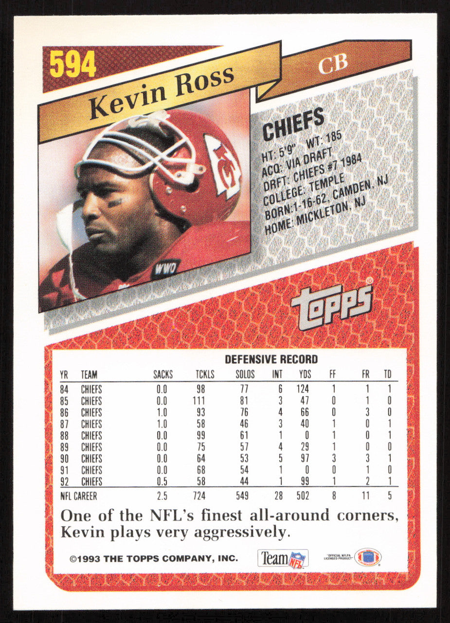 Kevin Ross Autographed 1993 Topps Card #594 Kansas City Chiefs SKU #259360