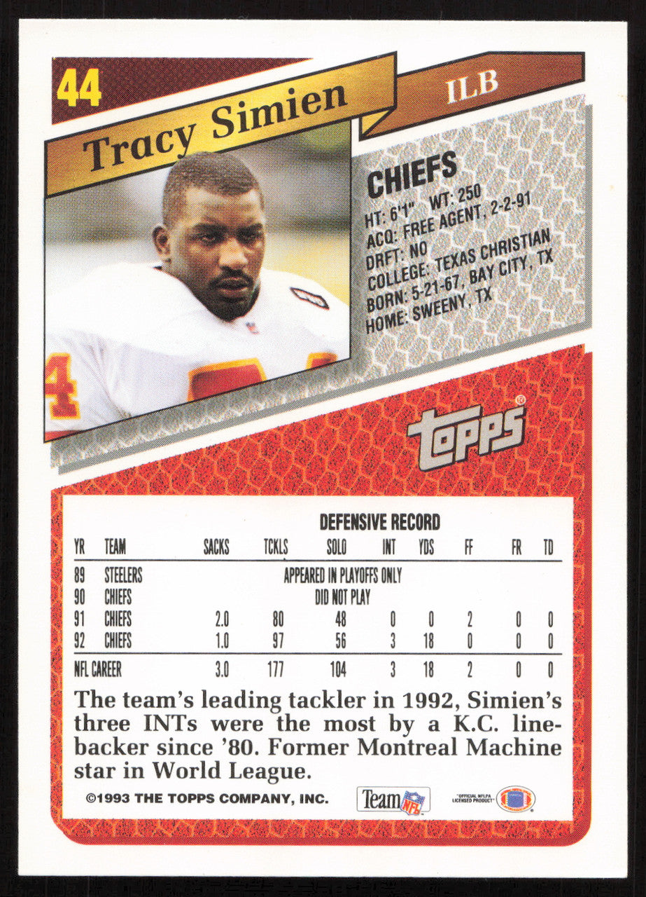 Tracy Simien Autographed 1993 Topps Card #44 Kansas City Chiefs SKU #259361