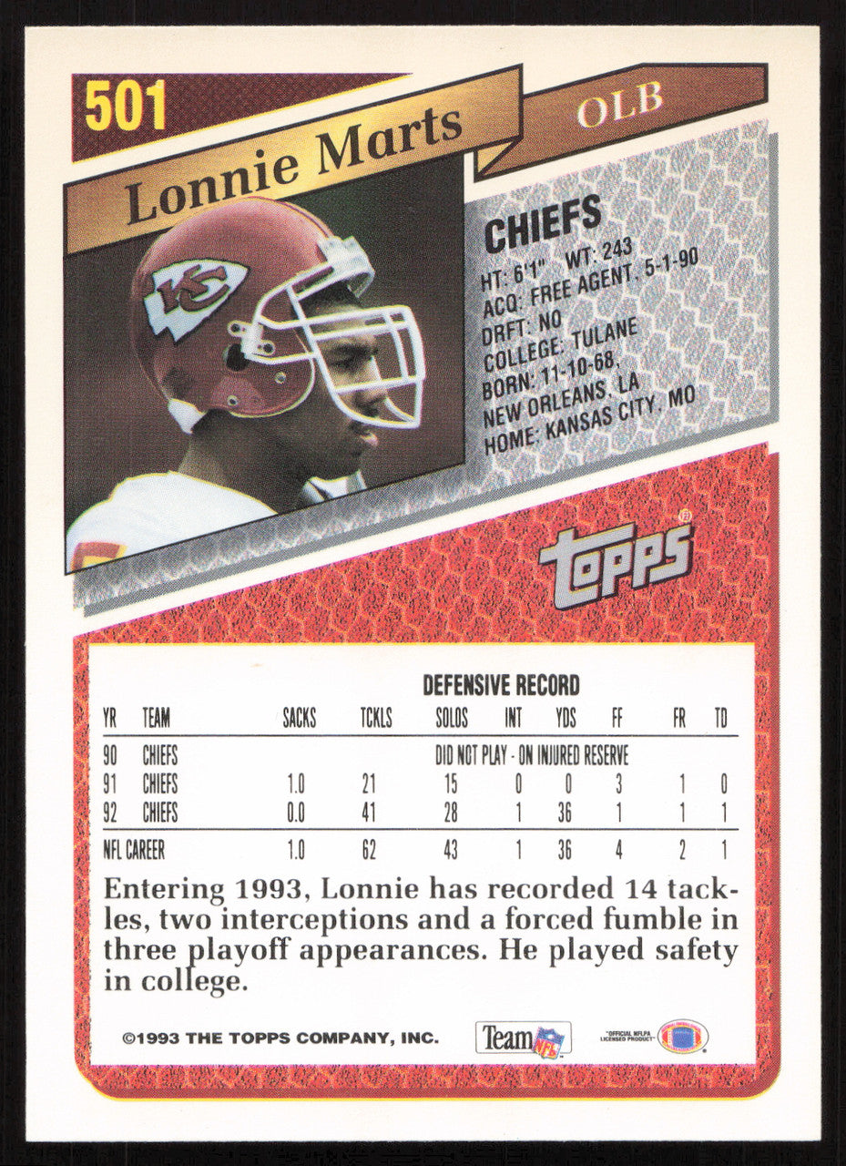 Lonnie Marts Autographed 1993 Topps Card #501 Kansas City Chiefs SKU #259370