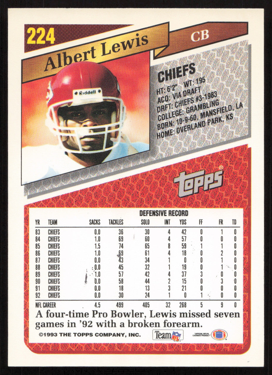Albert Lewis Autographed 1993 Topps Card #224 Kansas City Chiefs SKU #259373