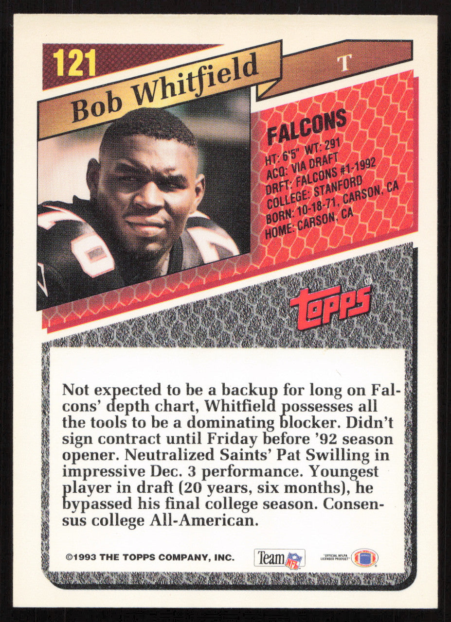 Bob Whitfield Autographed 1993 Topps Rookie Card #121 Atlanta Falcons SKU #259374