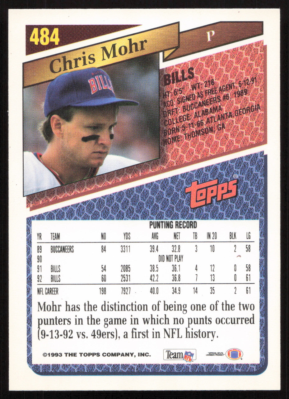 Chris Mohr Autographed 1993 Topps Card #484 Buffalo Bills SKU #259375