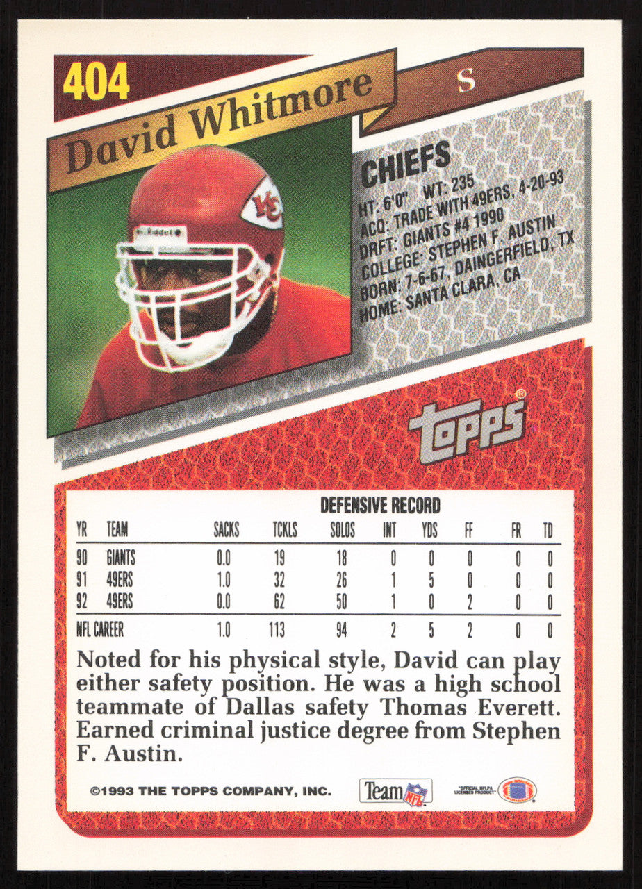 David Whitmore Autographed 1993 Topps Card #404 Kansas City Chiefs SKU #259376