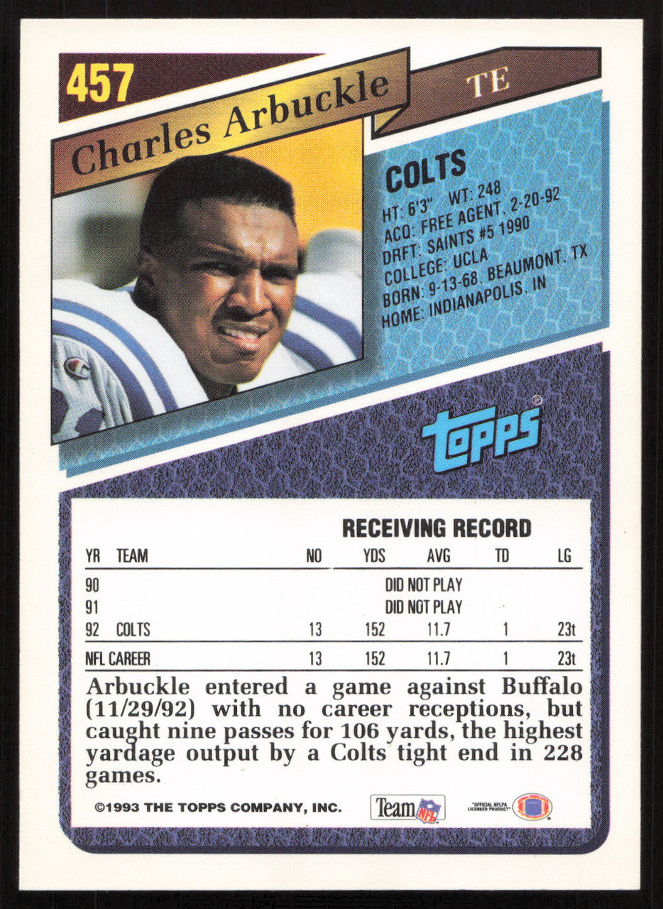 Charles Arbuckle Autographed 1993 Topps Card #457 Indianapolis Colts SKU #259378