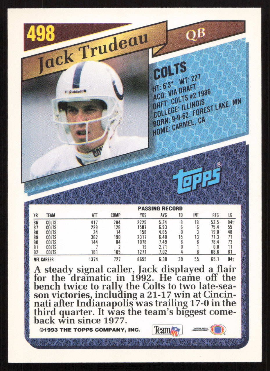 Jack Trudeau Autographed 1993 Topps Card #498 Indianapolis Colts SKU #259379