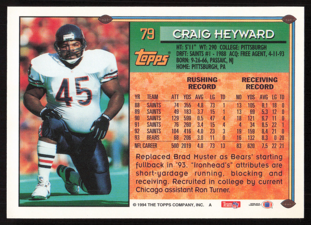 Craig Heyward Autographed 1994 Topps Card #79 Chicago Bears SKU #259385
