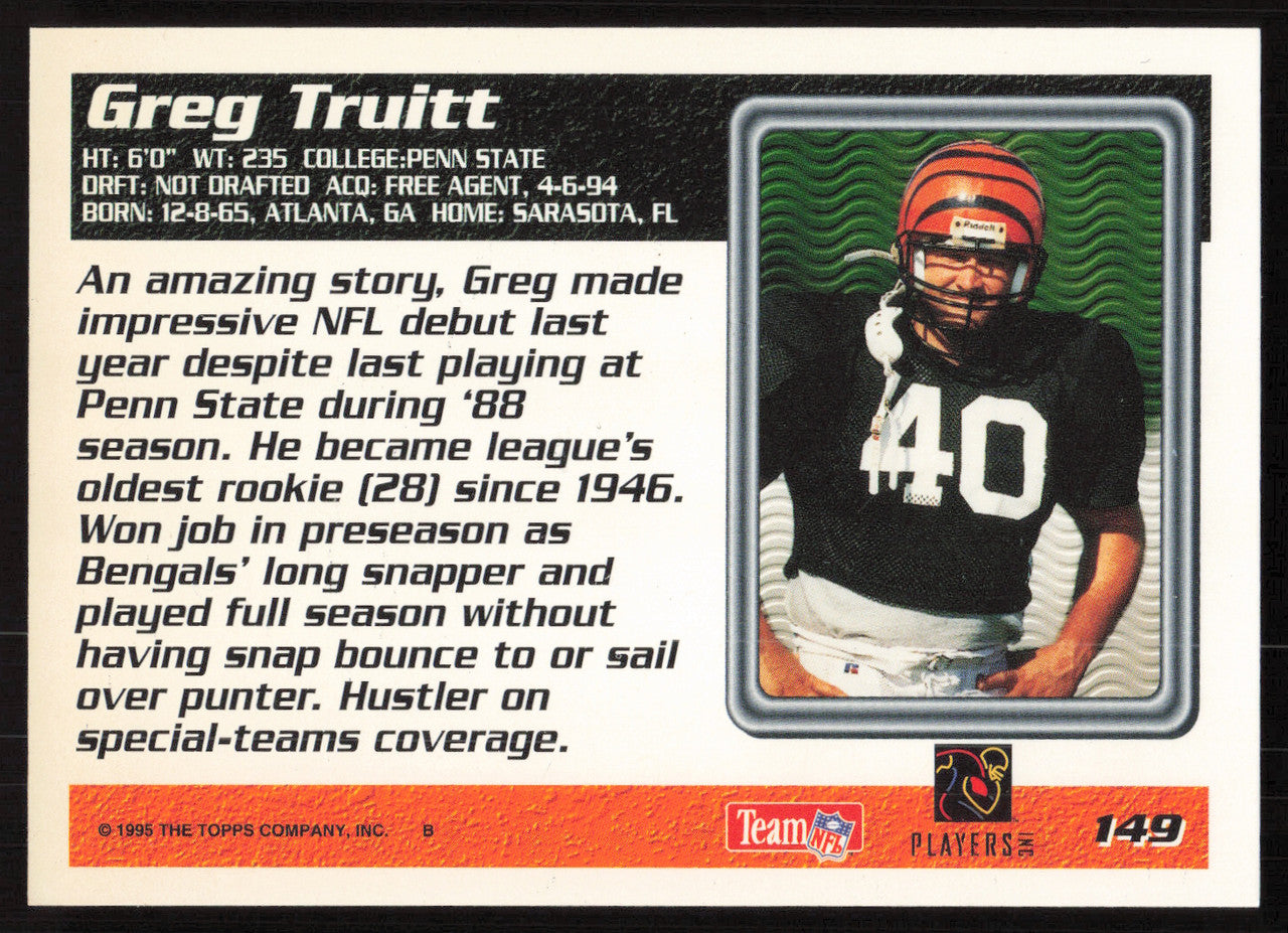 Greg Truitt Autographed 1995 Topps Card #149 Cincinnati Bengals SKU #259398