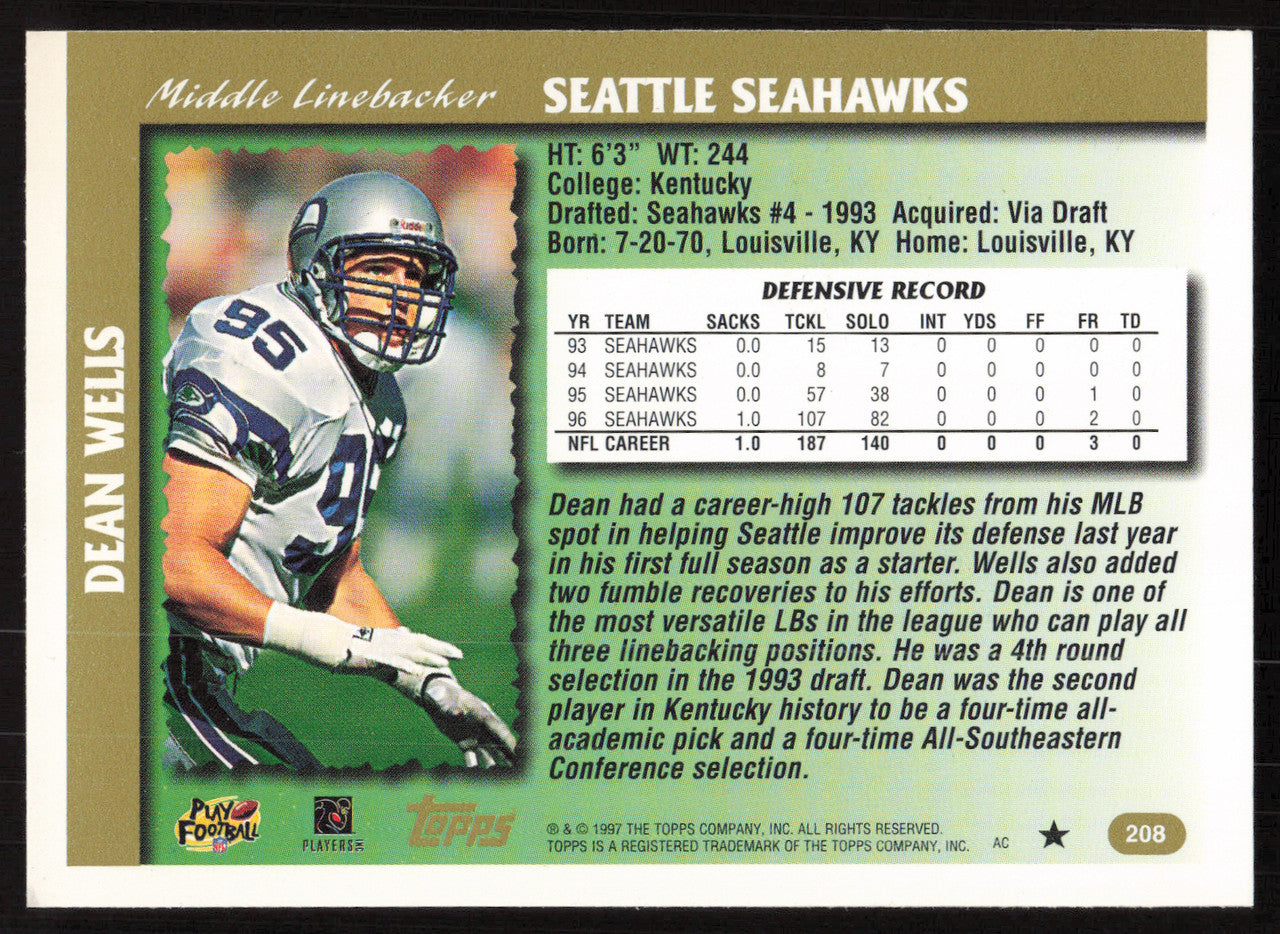Dean Wells Autographed 1997 Topps Card #208 Seattle Seahawks SKU #259403