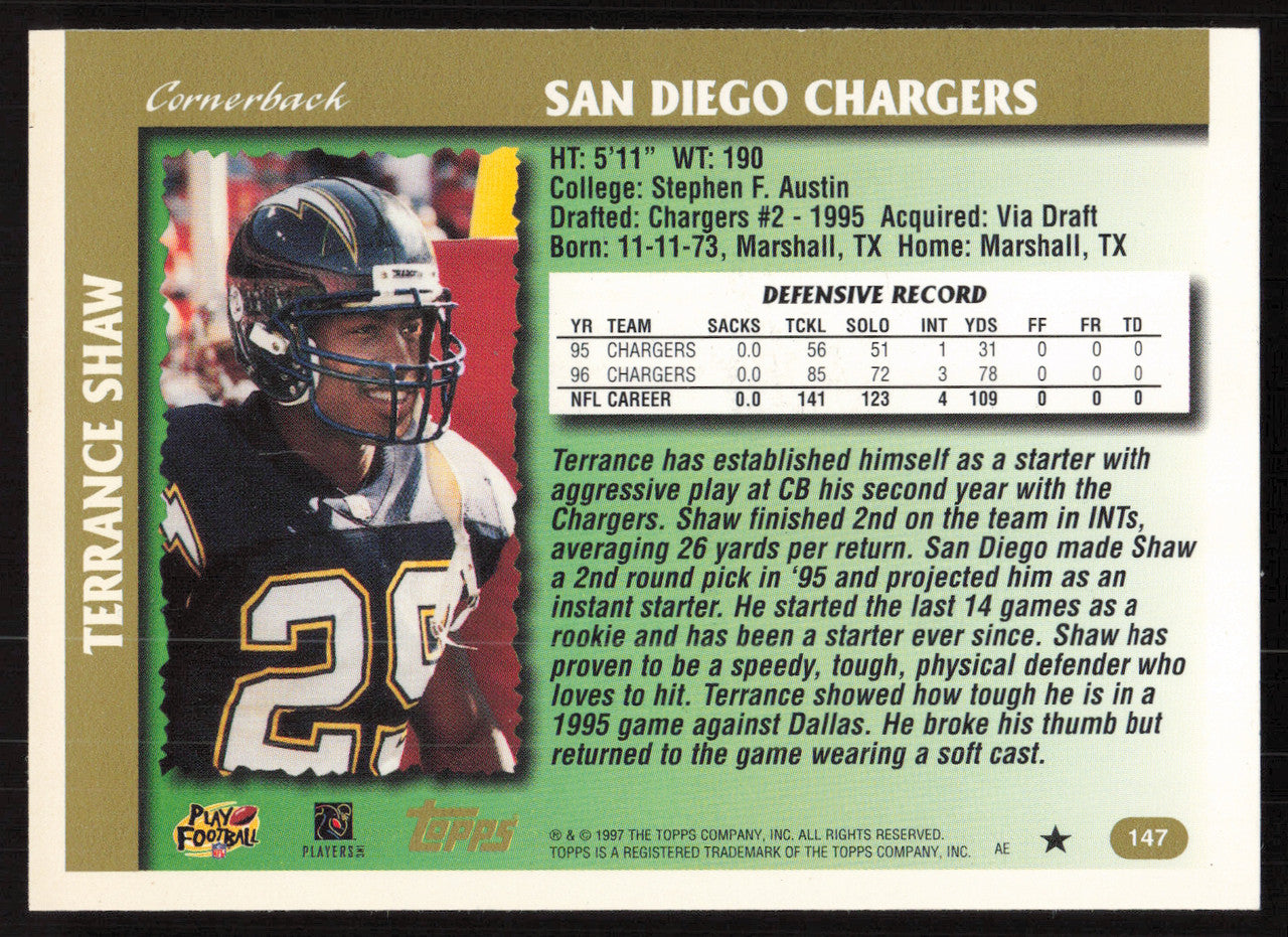 Terrance Shaw Autographed 1997 Topps Card #147 San Diego Chargers SKU #259406