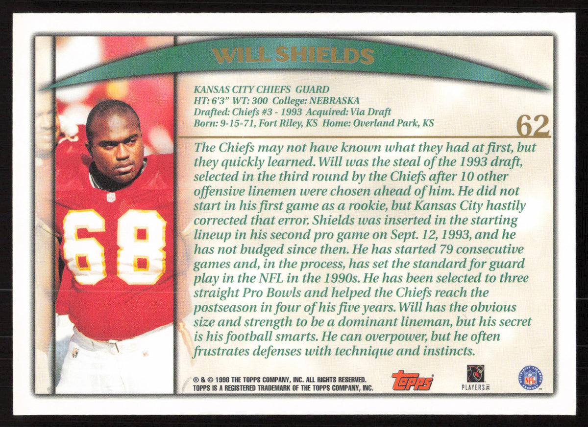 Will Shields Autographed 1998 Topps Card #62 Kansas City Chiefs SKU #259409