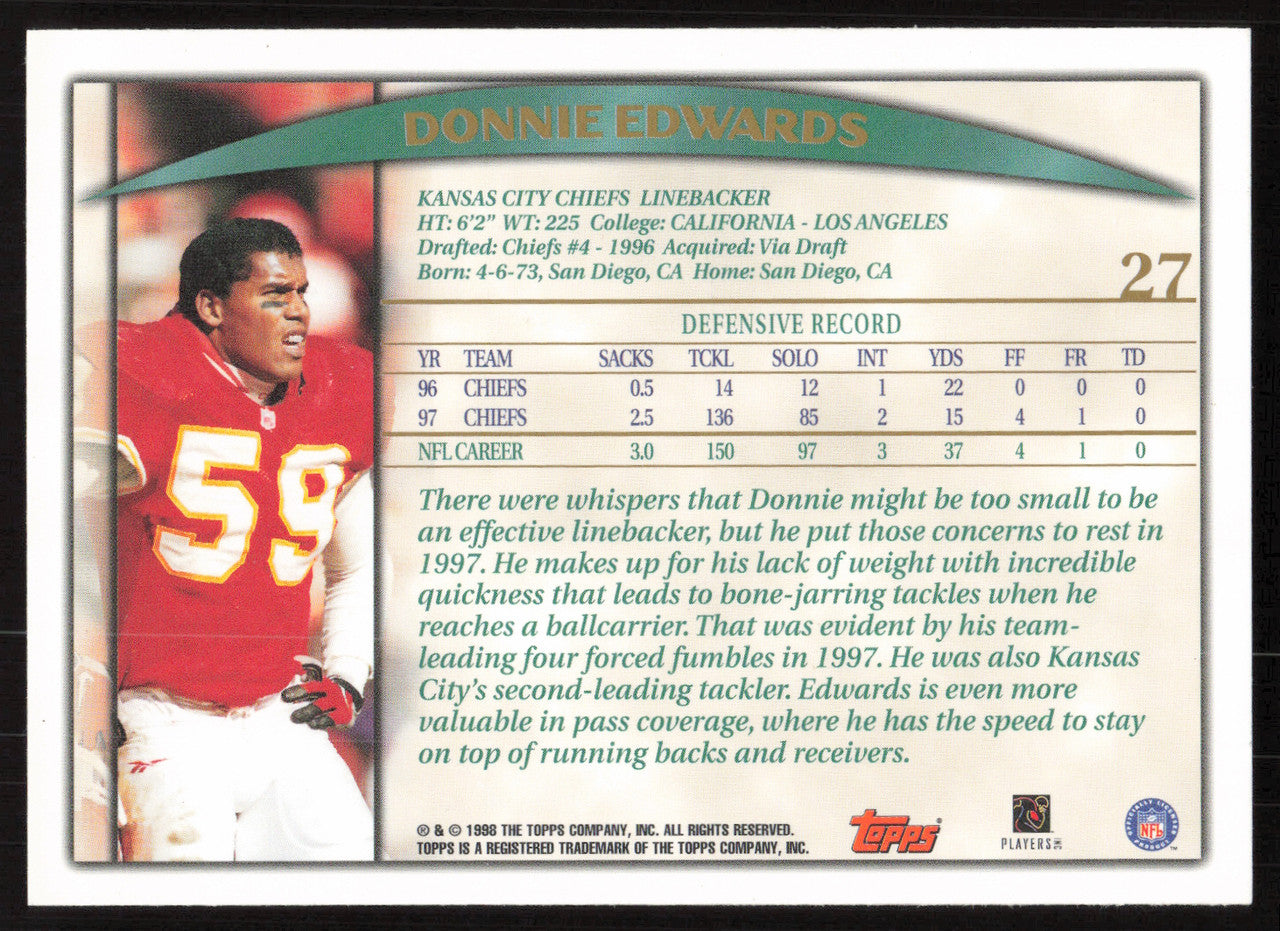 Donnie Edwards Autographed 1998 Topps Card #27 Kansas City Chiefs SKU #259411