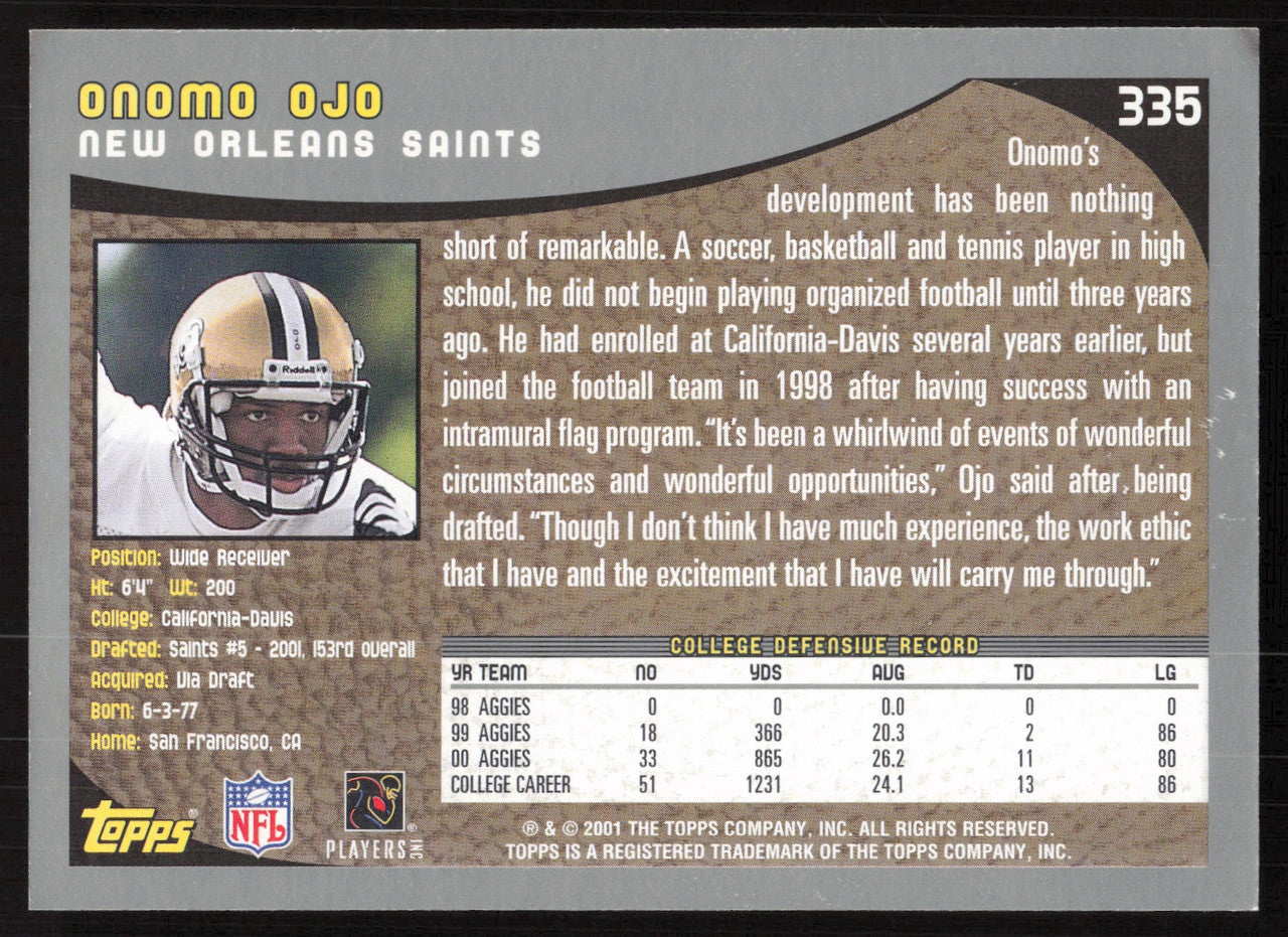 Onome Ojo Autographed 2001 Topps Rookie Card #335 New Orleans Saints SKU #259412