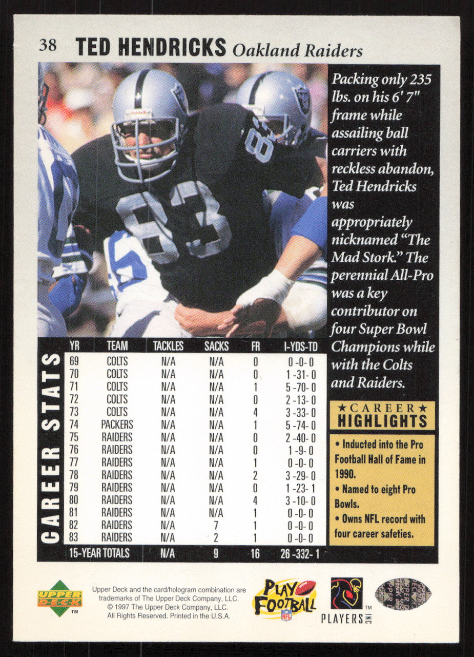 Ted Hendricks Autographed 1997 Upper Deck Legends Card #38 Oakland Raiders SKU #259414
