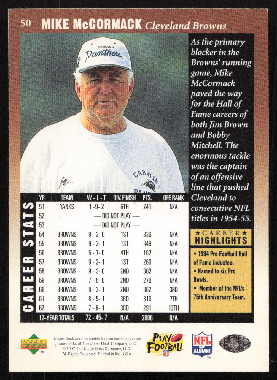 Mike McCormack Autographed 1997 Upper Deck Legends Card #50 Cleveland Browns SKU #259422