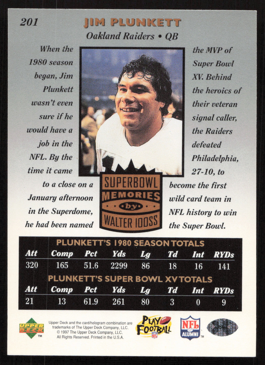 Jim Plunkett Autographed 1997 Upper Deck Legends Card #201 Oakland Raiders SKU #259430