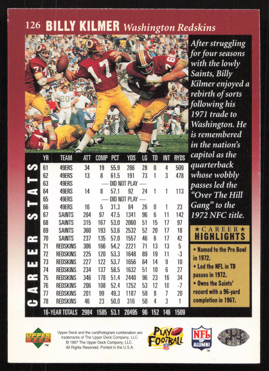 Billy Kilmer Autographed 1997 Upper Deck Legends Card #126 Washington Redskins SKU #259436