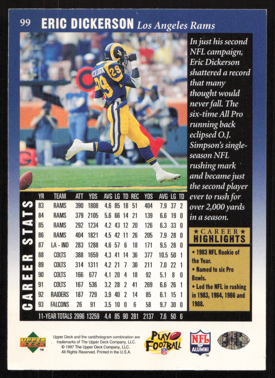 Eric Dickerson Autographed 1997 Upper Deck Legends Card #99 Los Angeles Rams SKU #259450