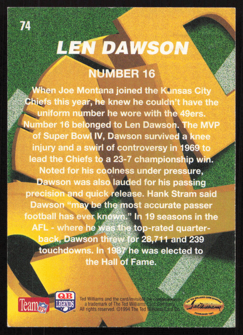 Len Dawson Autographed 1994 Roger Staubach Card #74 Kansas City Chiefs SKU #259453