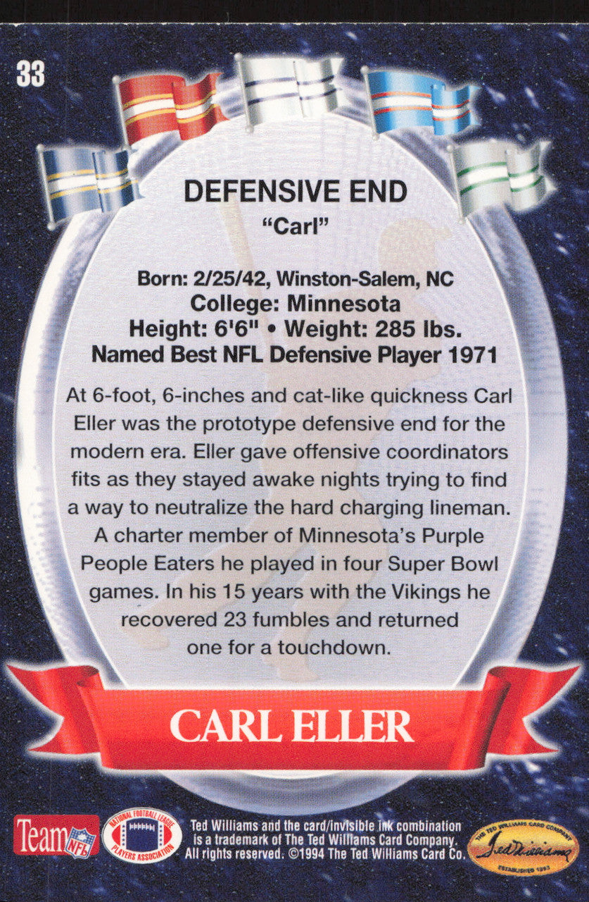 Carl Eller Autographed 1994 Ted Williams Card #33 Minnesota Vikings SKU #259458