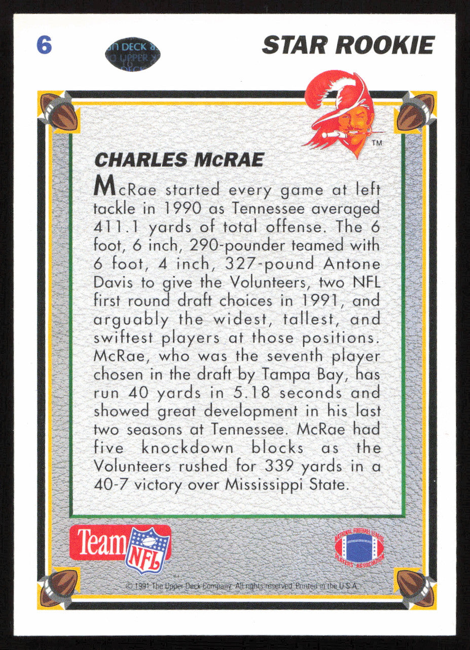 Charles McRae Autographed 1991 Upper Deck Rookie Card #6 Tampa Bay Buccaneers SKU #259463