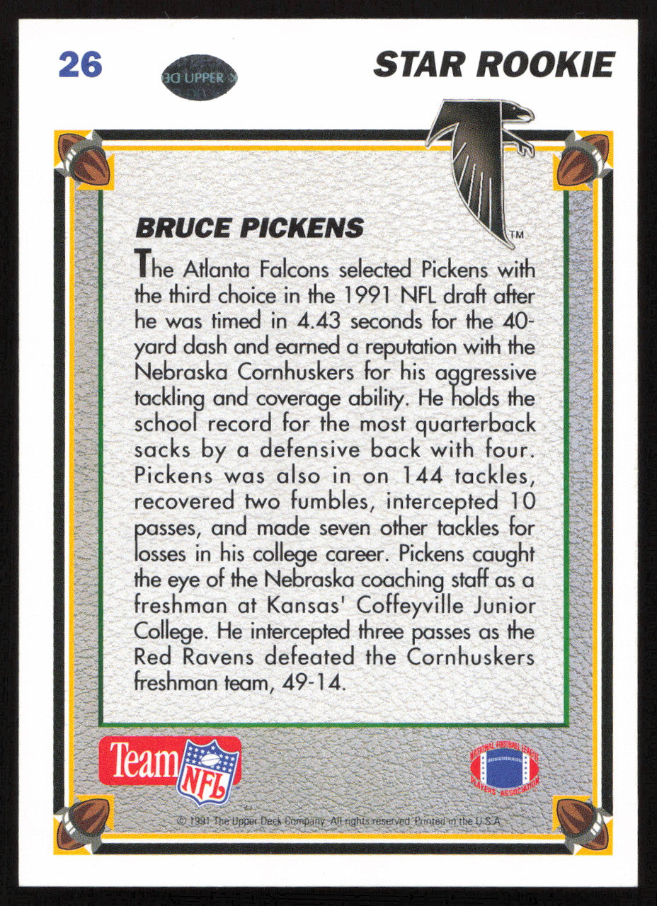 Bruce Pickens Autographed 1991 Upper Deck Rookie Card #26 Atlanta Falcons SKU #259464