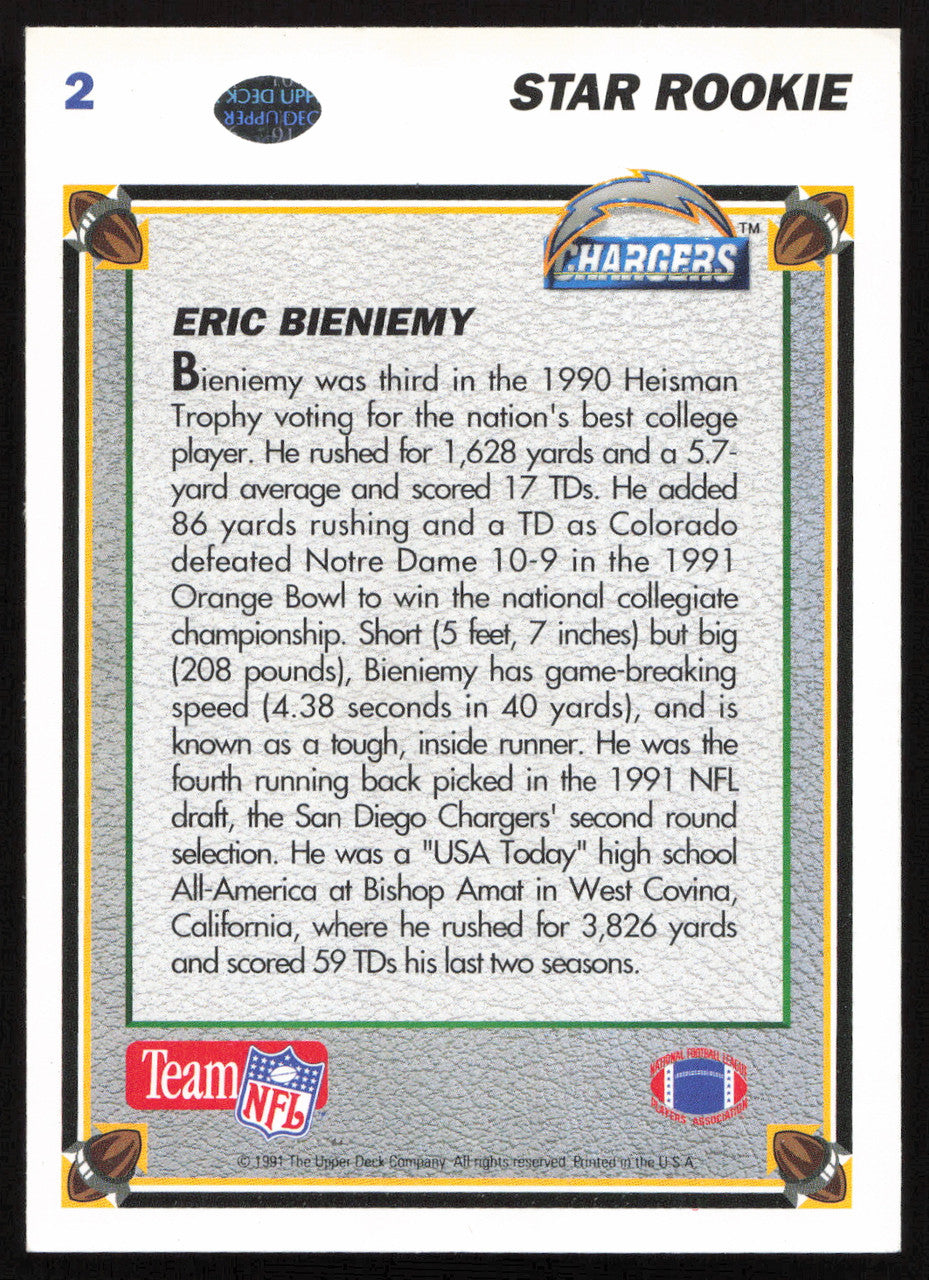 Eric Bieniemy Autographed 1991 Upper Deck Rookie Card #2 San Diego Chargers SKU #259466