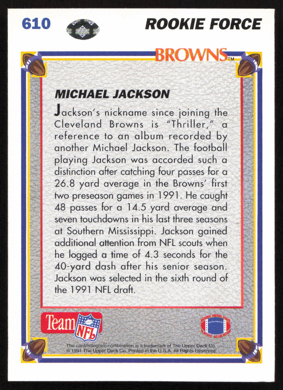 Michael Jackson Autographed 1991 Upper Deck Rookie Card #610 Cleveland Browns SKU #259468