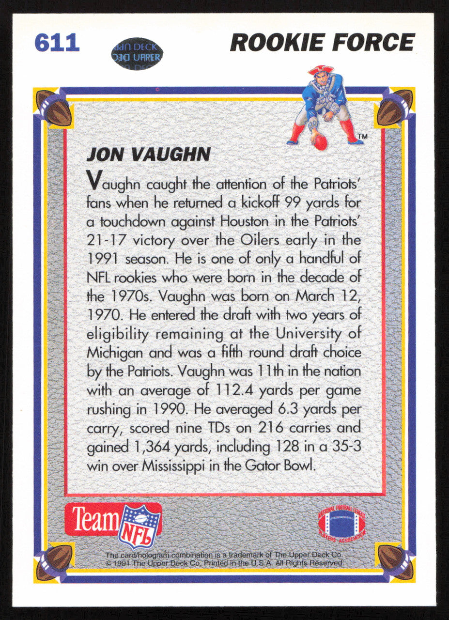 Jon Vaughn Autographed 1991 Upper Deck Rookie Card #611 New England Patriots SKU #259469