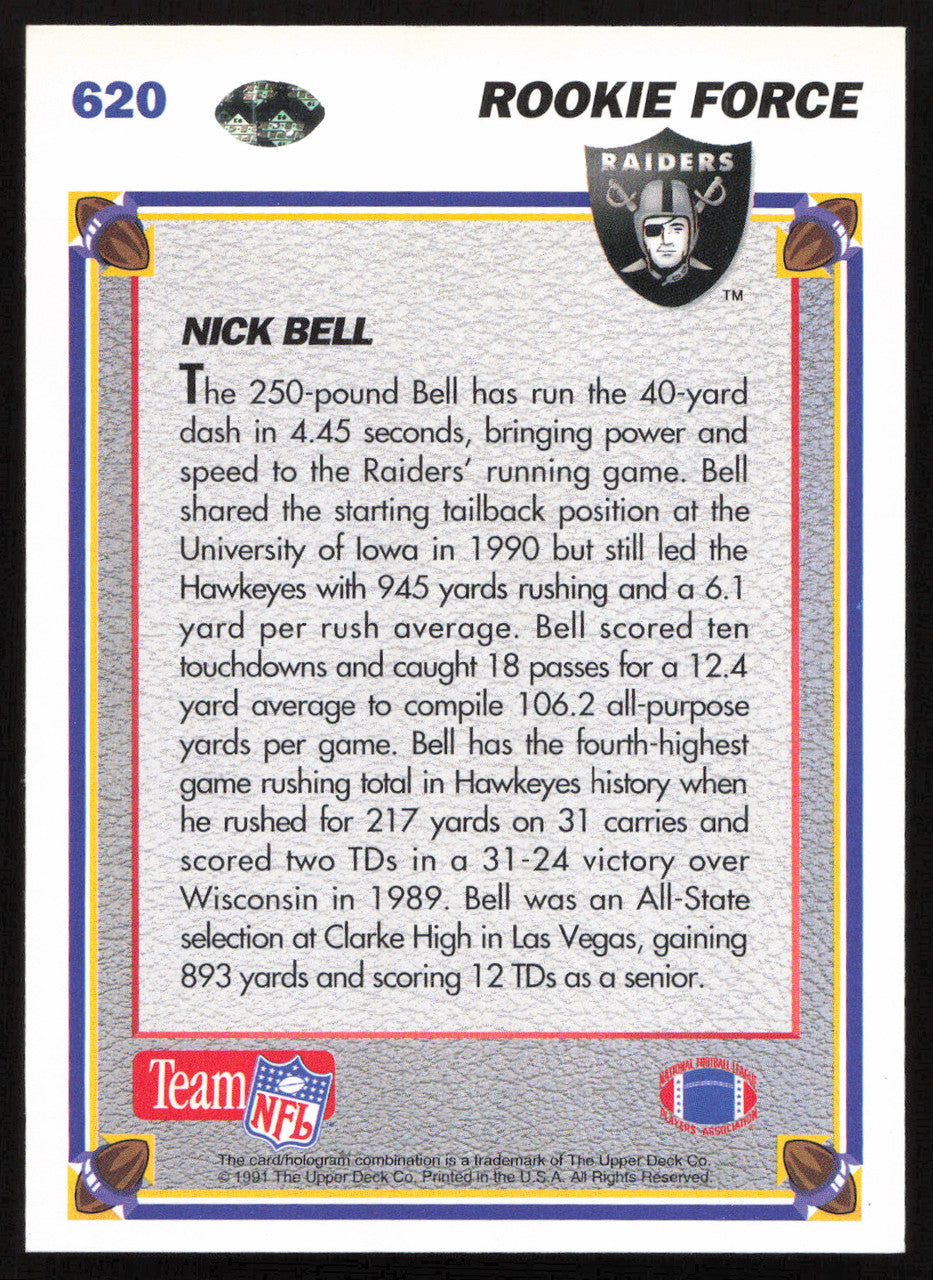 Nick Bell Autographed 1991 Upper Deck Rookie Card #620 Los Angeles Raiders SKU #259470