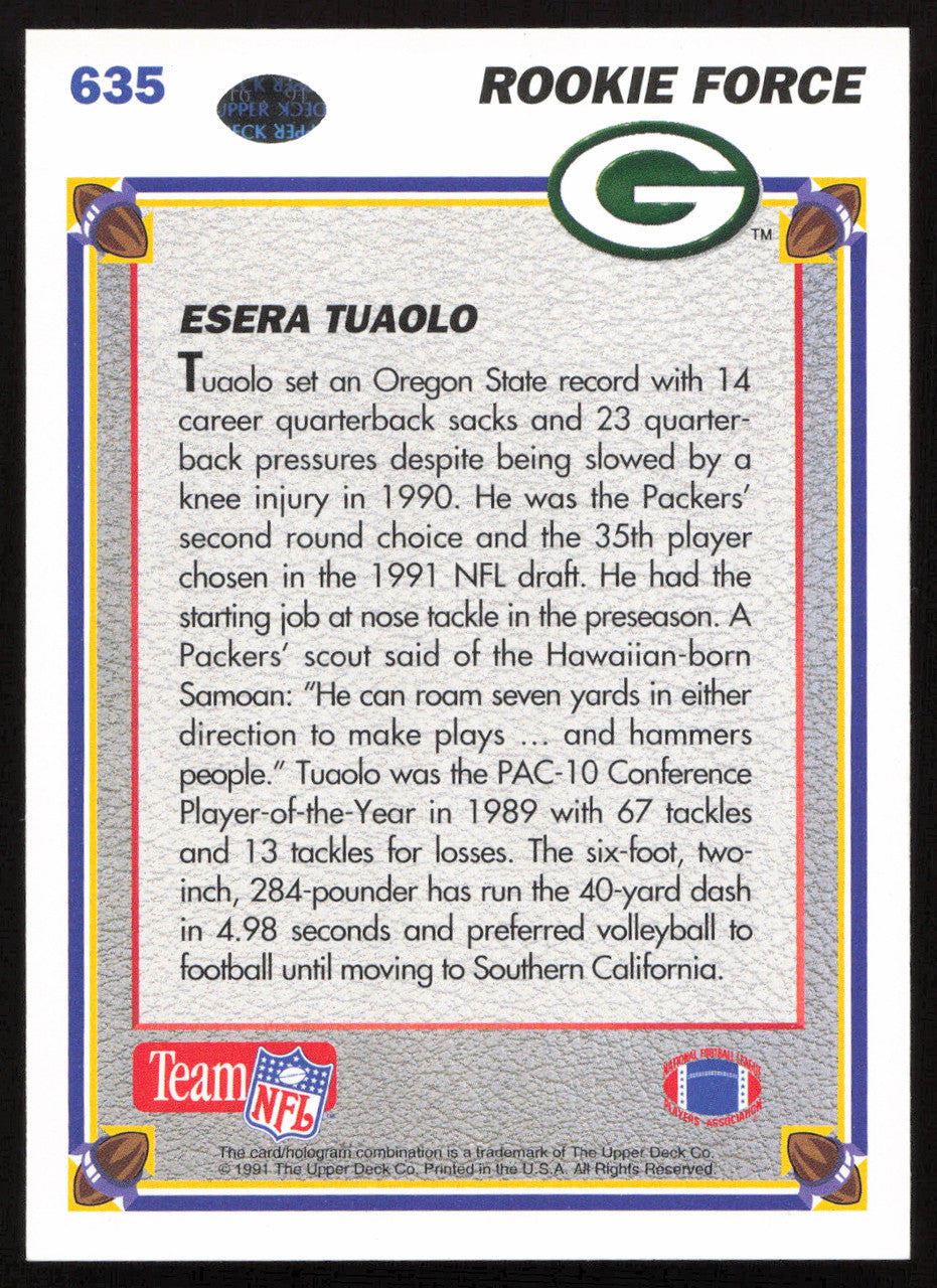 Esera Tuaolo Autographed 1991 Upper Deck Rookie Card #635 Green Bay Packers SKU #259477