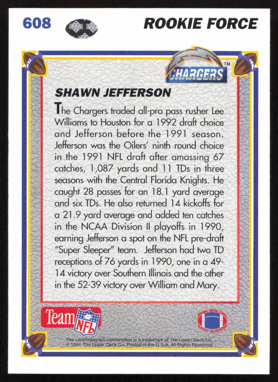 Shawn Jefferson Autographed 1991 Upper Deck Rookie Card #608 San Diego Chargers SKU #259480