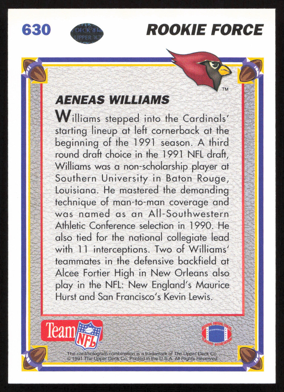 Aeneas Williams Autographed 1991 Upper Deck Rookie Card #630 Arizona Cardinals SKU #259481