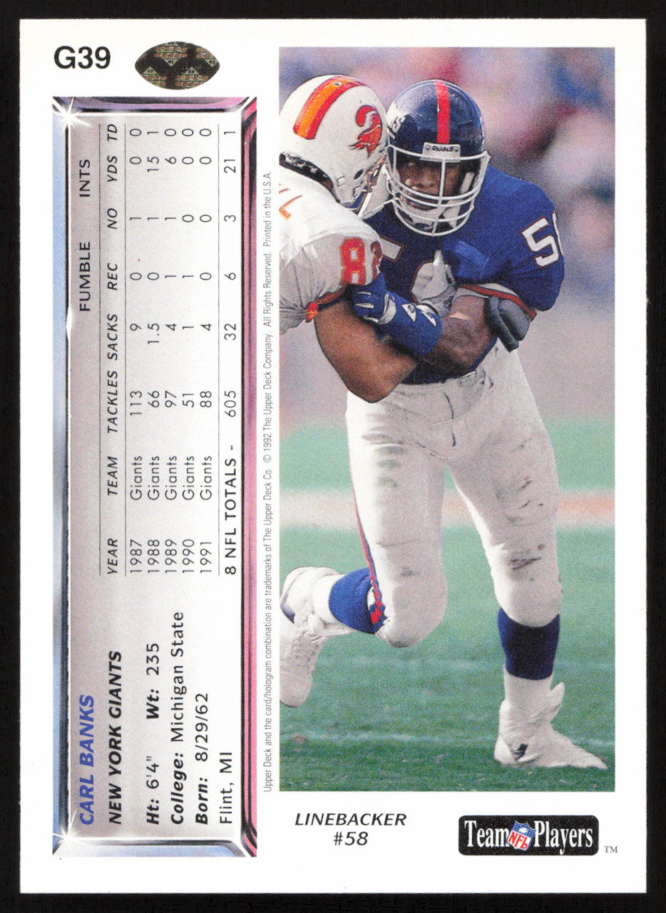 Carl Banks Autographed 1992 Upper Deck Gold Card #G39 New York Giants SKU #259490