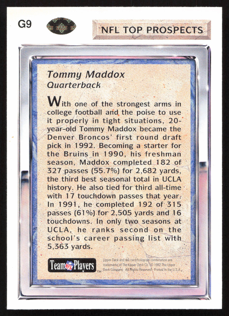 Tommy Maddox Autographed 1992 Upper Deck Gold Rookie Card #G9 Denver Broncos SKU #259501