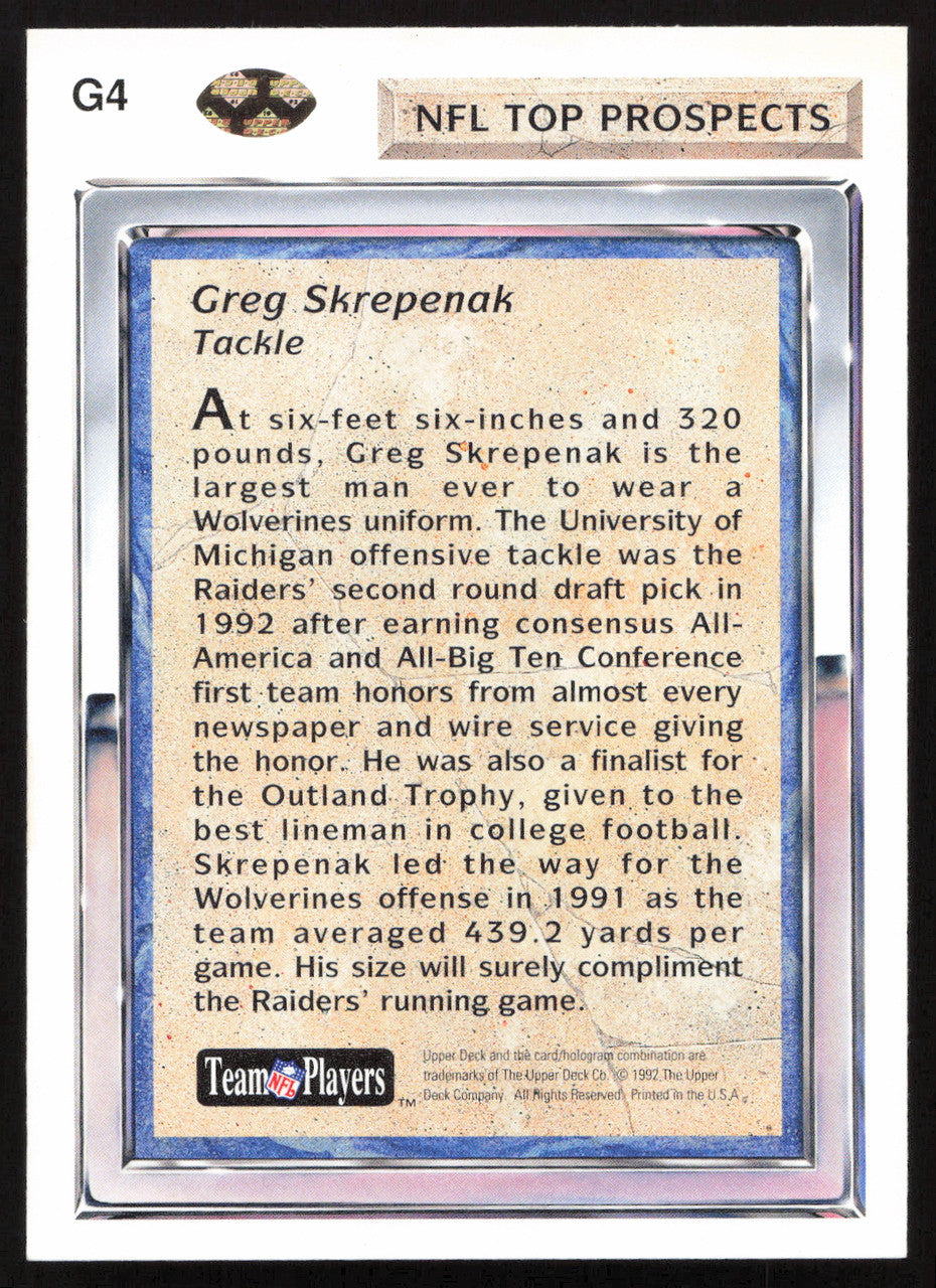 Greg Skrepenak Autographed 1992 Upper Deck Gold Rookie Card #G4 Los Angeles Raiders SKU #259503