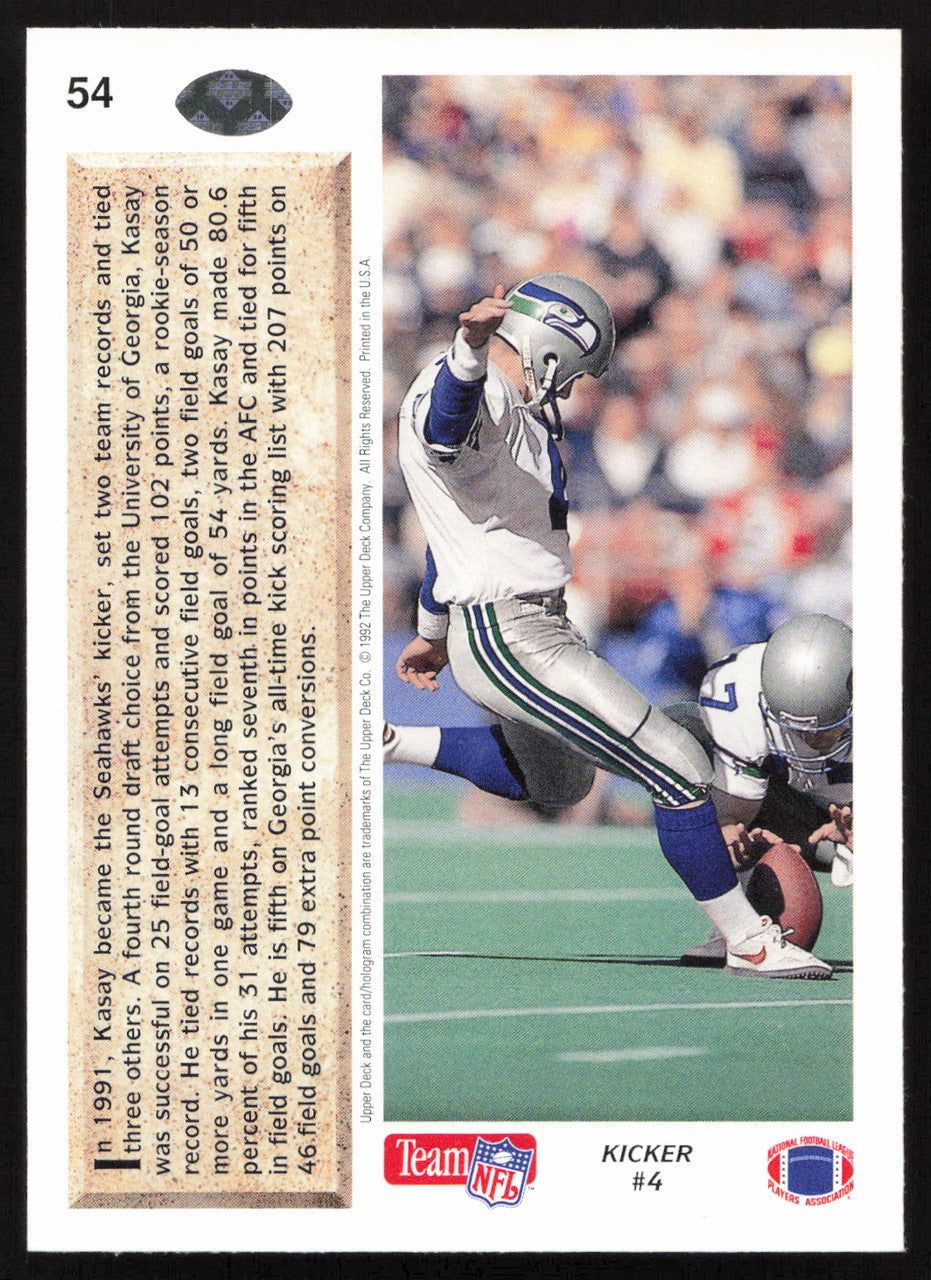 John Kasay Autographed 1992 Upper Deck Rookie Card #54 Seattle Seahawks SKU #259507