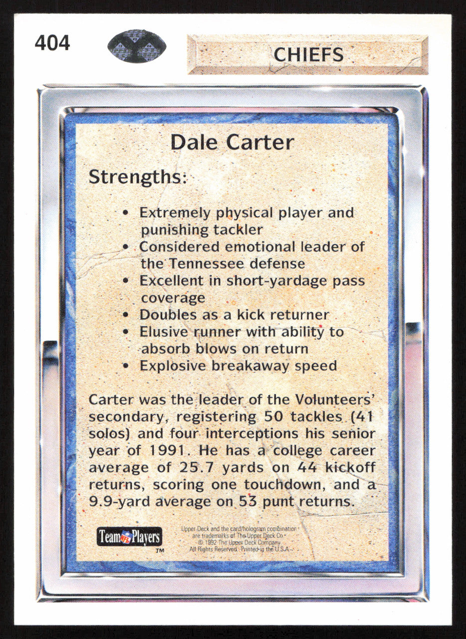 Dale Carter Autographed 1992 Upper Deck Rookie Card #404 Kansas City Chiefs SKU #259514