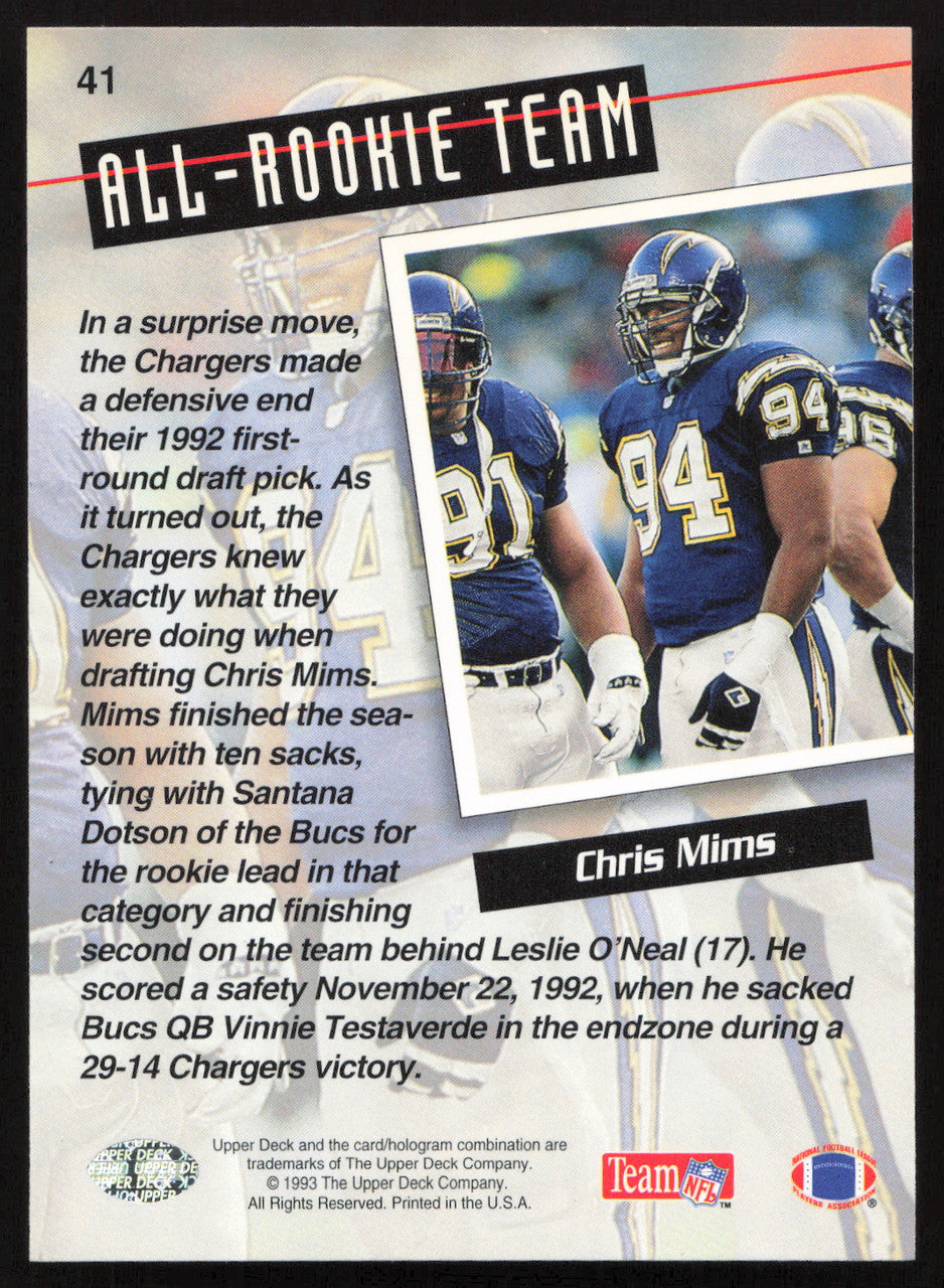 Chris Mims Autographed 1993 Upper Deck Card #41 San Diego Chargers SKU #259517