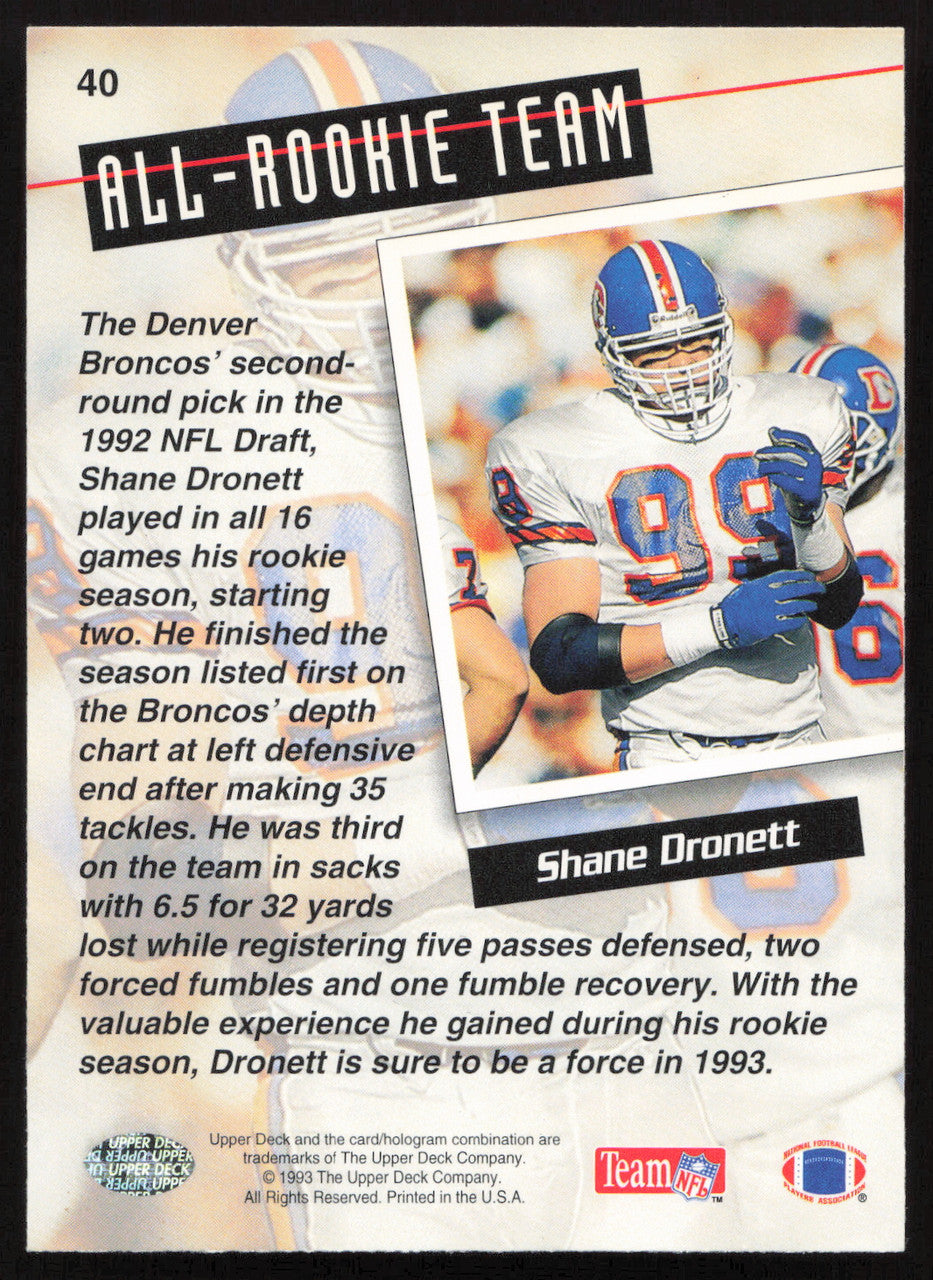 Shane Dronett Autographed 1993 Upper Deck Card #40 Denver Broncos SKU #259518