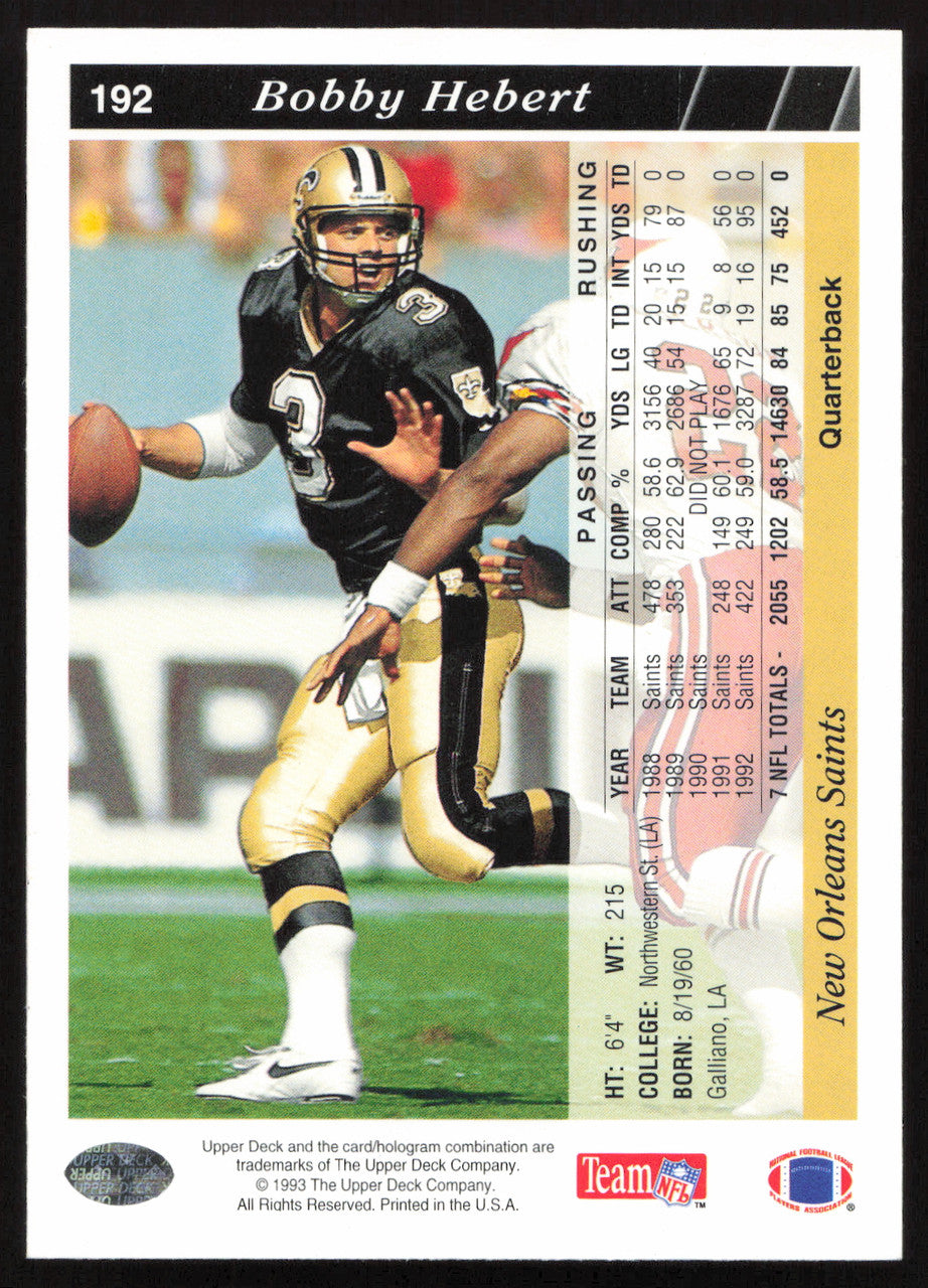 Bobby Hebert Autographed 1993 Upper Deck Card #192 New Orleans Saints SKU #259521