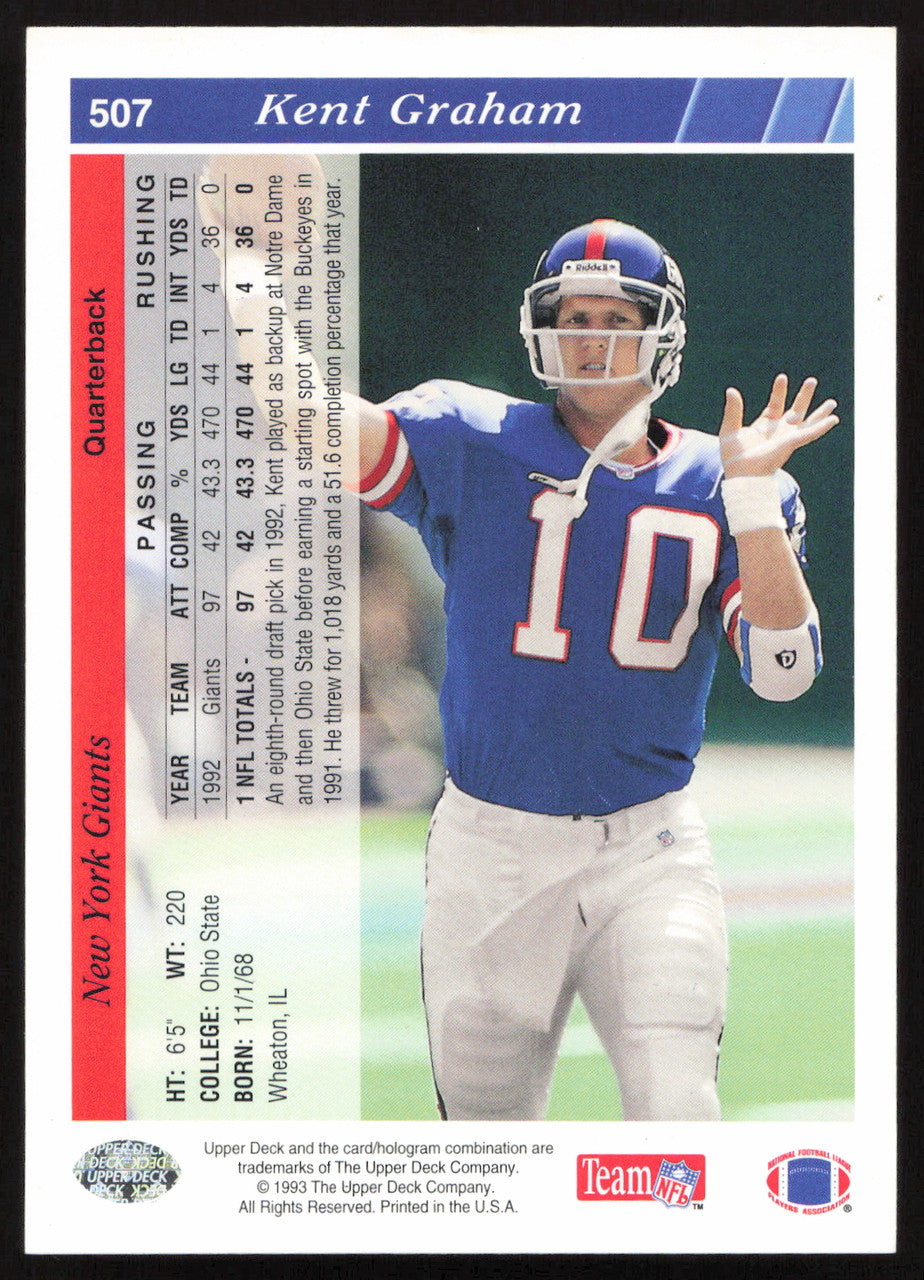 Kent Graham Autographed 1993 Upper Deck Card #507 New York Giants SKU #259522