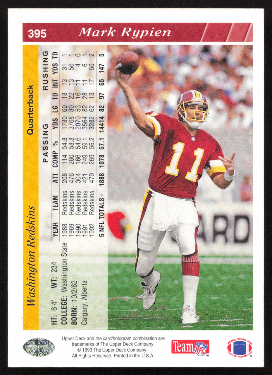 Mark Rypien Autographed 1993 Upper Deck Card #395 Washington Redskins SKU #259523