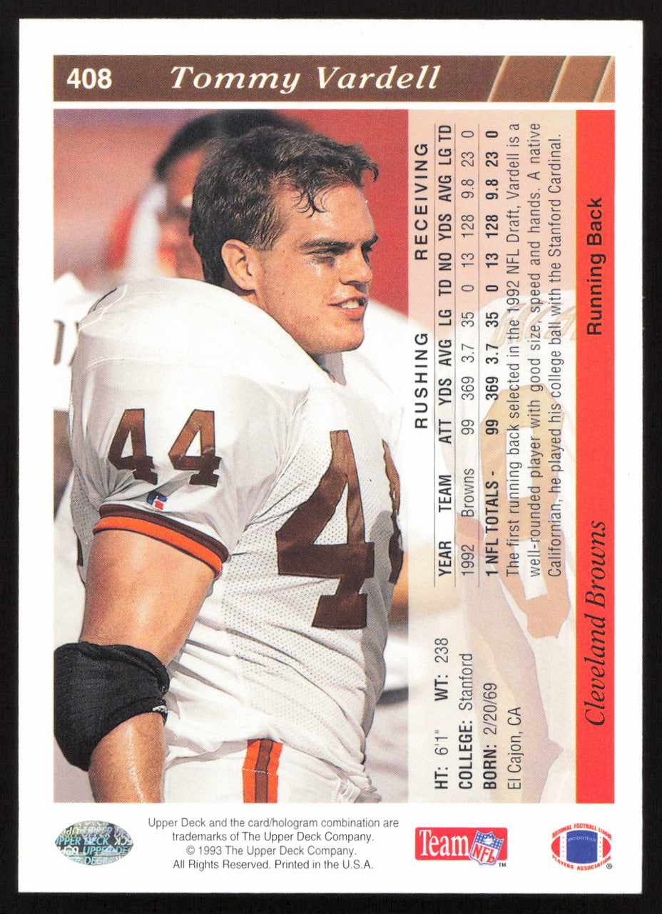 Tommy Vardell Autographed 1993 Upper Deck Card #408 Cleveland Browns SKU #259524
