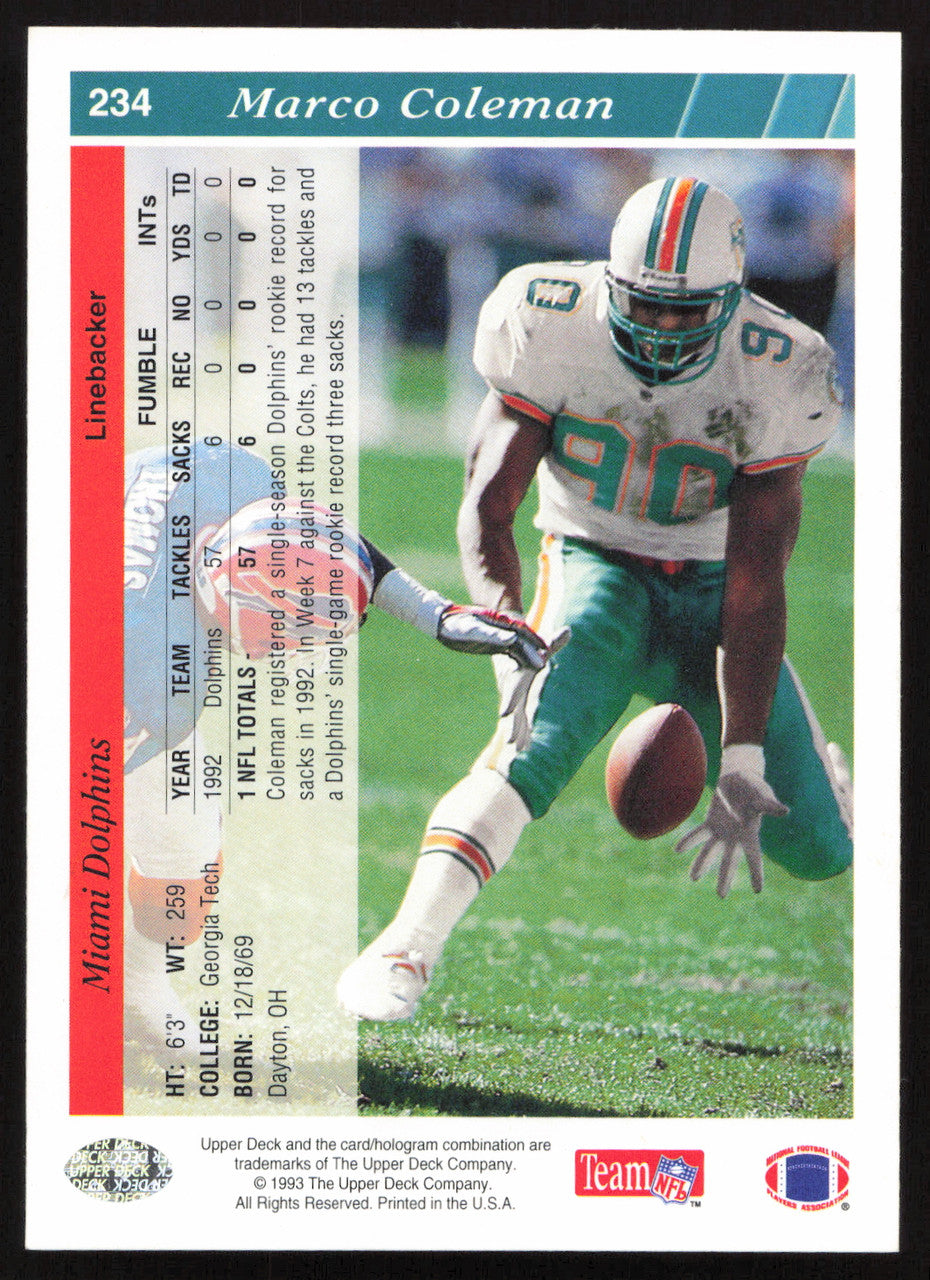 Marco Coleman Autographed 1993 Upper Deck Card #234 Miami Dolphins SKU #259533