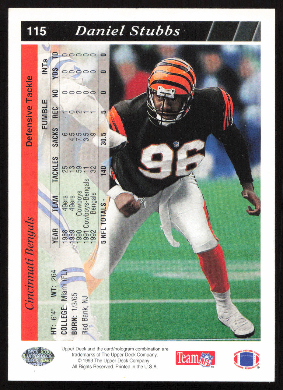 Daniel Stubbs Autographed 1993 Upper Deck Card #115 Cincinnati Bengals SKU #259543
