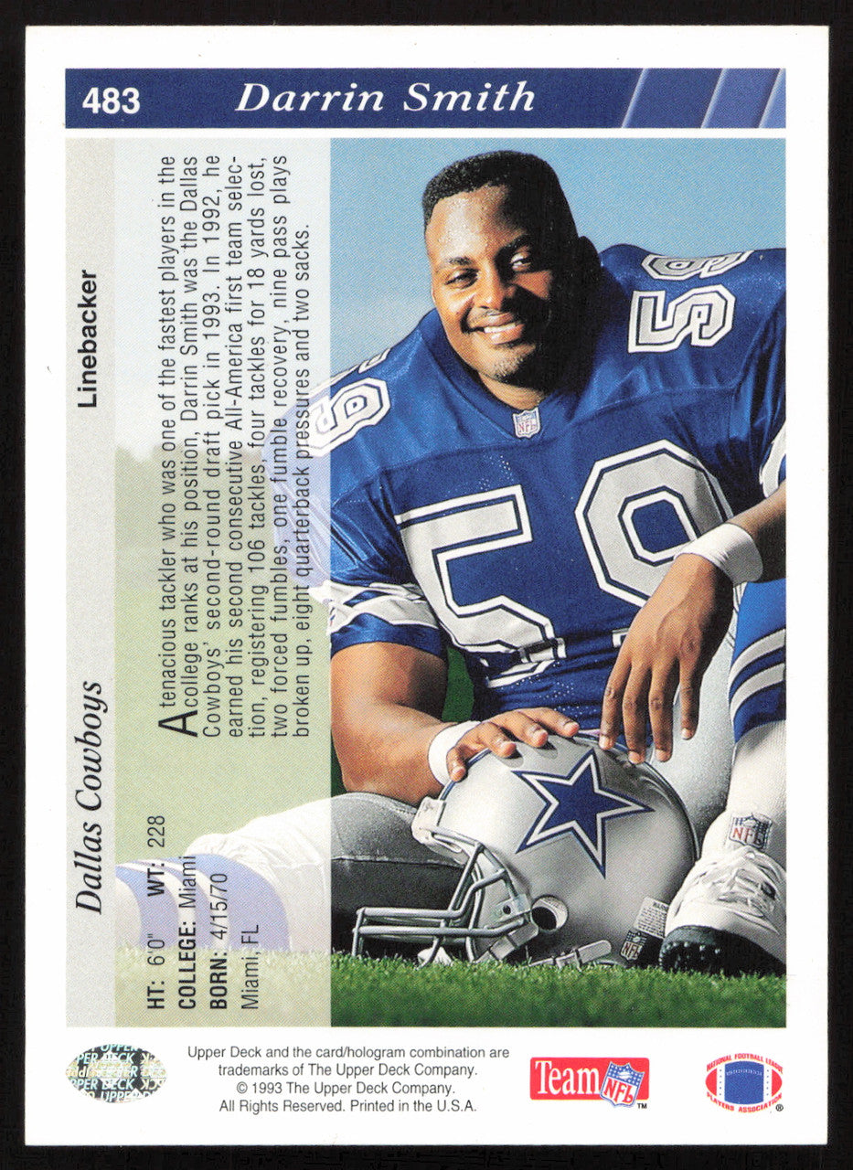 Darrin Smith Autographed 1993 Upper Deck Card #483 Dallas Cowboys SKU #259545